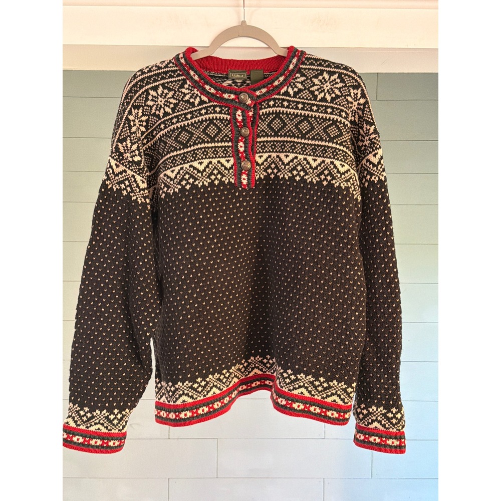 LL Bean Vintage Fair Isle Cotton Henley Sweater Navy Red Nordic Womens Large